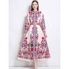 Spring Autumn Women Vintage Print Runway Dresses Single Breasted Long Maxi Party Belt Robe Dress for Graduation
