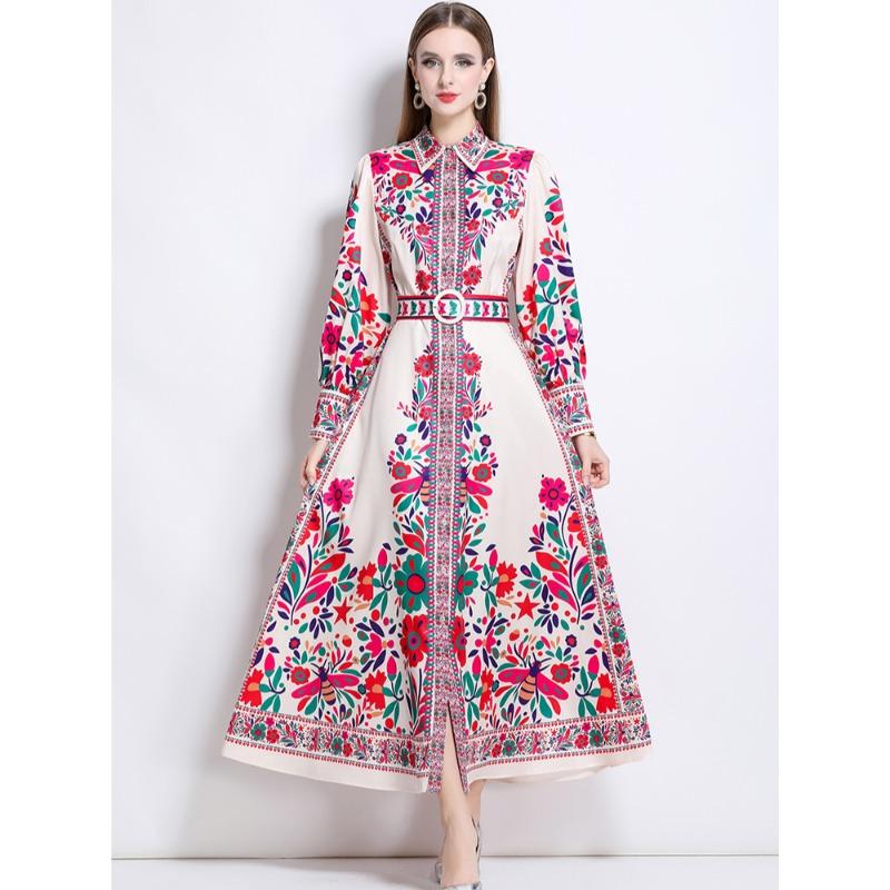 Spring Autumn Women Vintage Print Runway Dresses Single Breasted Long Maxi Party Belt Robe Dress for Graduation