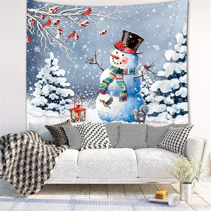 Charming Winter Wonderland Tapestry Festive Snowman with Birds and Lantern for Cozy Home Decor Perfect Wall Art for Living Room