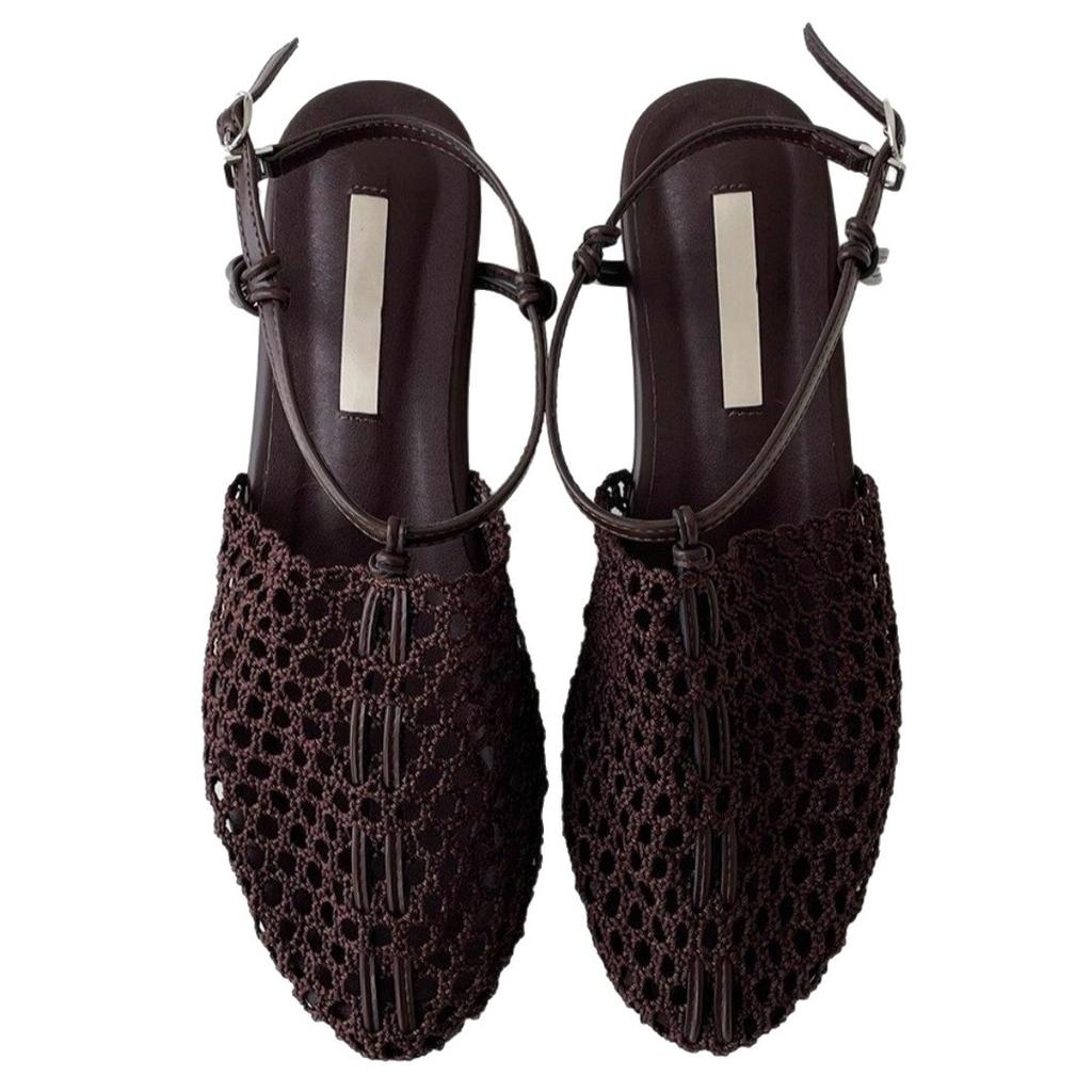 Sheepskin Version~ Niche Retro Woven Roman Shoes One-word Buckle Flat Bottom Fishing Net Bag Head Sandals Women Wear Half Slippers