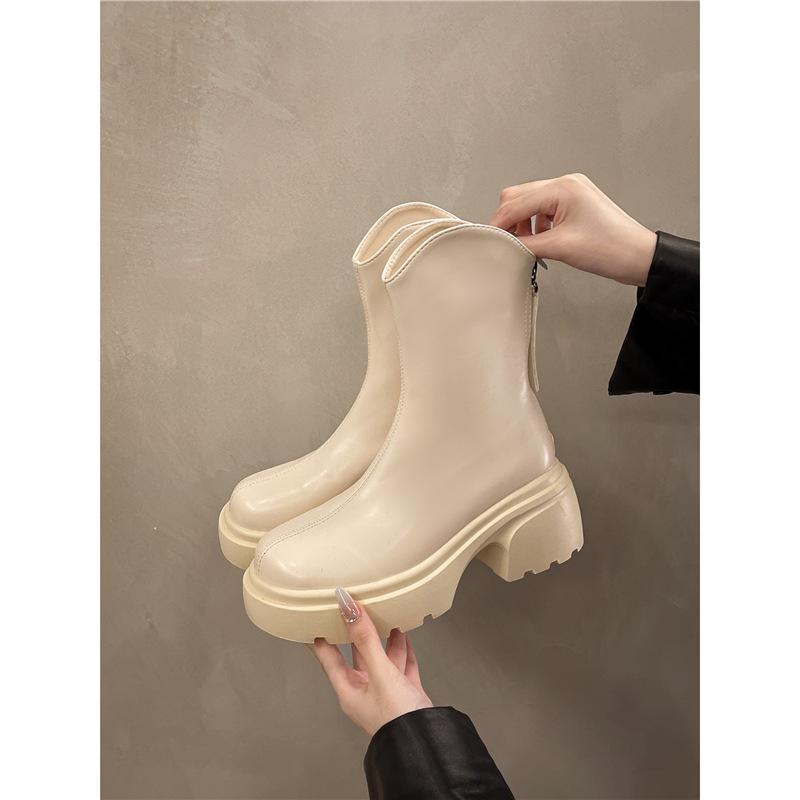 Short boots women's 2025 autumn and winter new round head thick heel V mouth thick sole small boots rear zipper thin Martin boots
