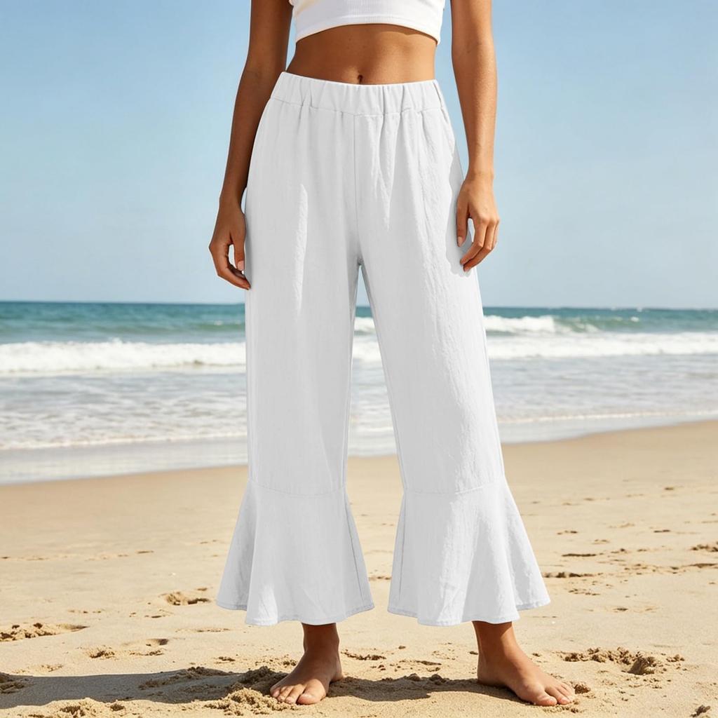 Damen Sommer Lässig Elastischer Bund Weites Bein Schlagende Caprihosen Strand Lockerer Schnitt Leicht Atmungsaktiv