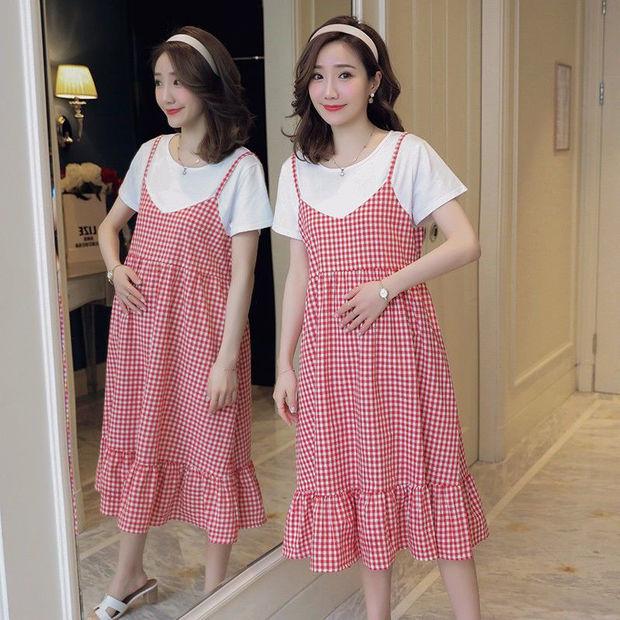 Plus Size Korean Plaid Maternity Dress - Short Sleeve, Loose Fit, Round Neck, Two-Piece Look