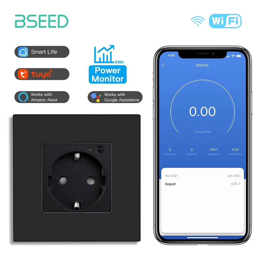 BSEED EU Smart Wifi Control Power Monitor Sockets 16A 110V-250V Power Wall Sockets Plastic Flame Support For Tuya Google Alexa