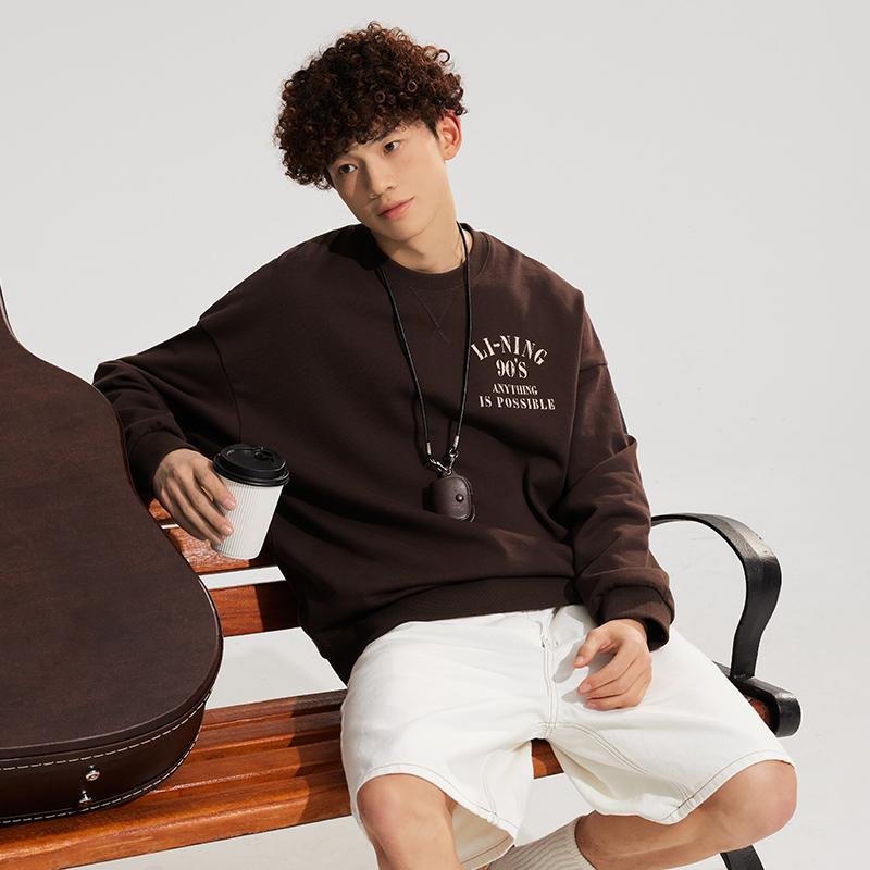 Li-Ning Weekend Youth Letter Print Round Neck Pullover Sweatshirt Unisex Sweatshirt Charcoal-Brown AWDU797-4