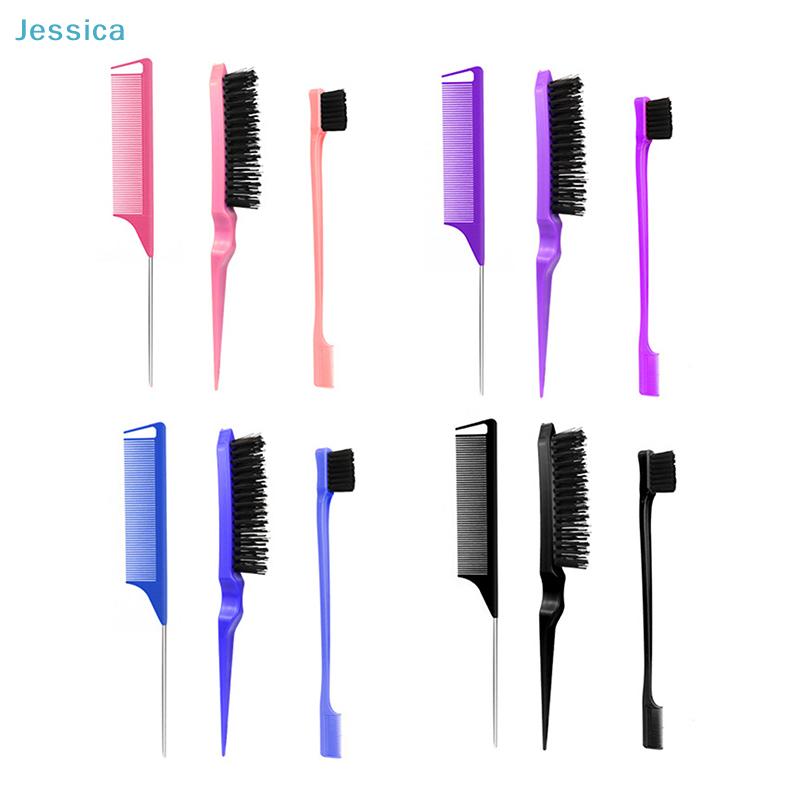 3-Piece Hair Styling Tool Set - Rat Tail Comb + Edge Brush + Sectioning Brush for Salon/DIY Hairstyling