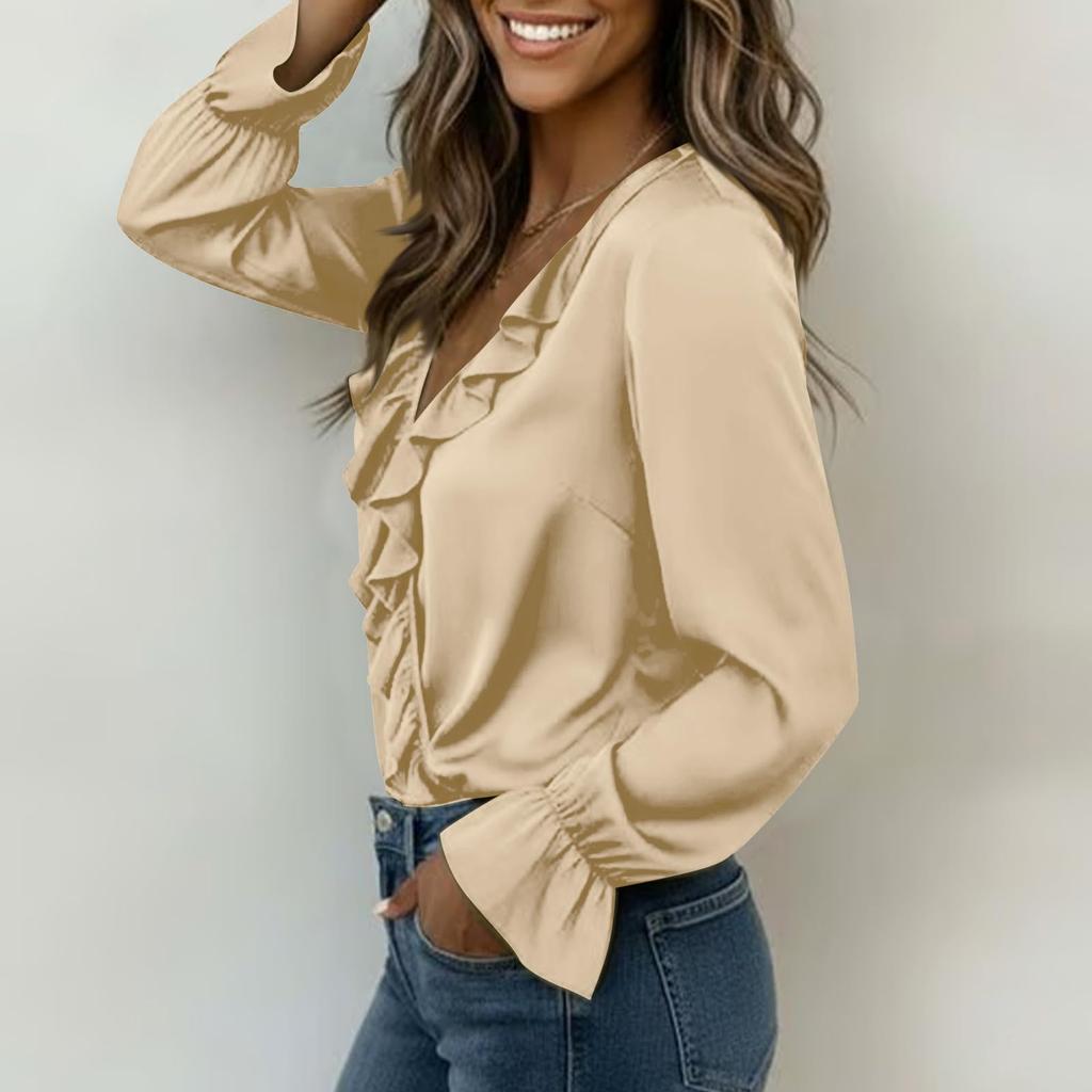 Top Casual de Moda para Mujer con Cuello en V Fruncido y Mangas Largas