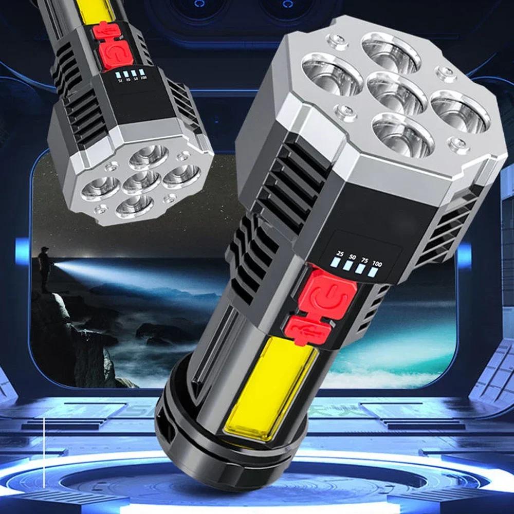 USB Rechargeable LED Flashlight Camping Lantern Spotlight COB Side Light Battery Display Adventure Outdoor Fishing Torch lamp