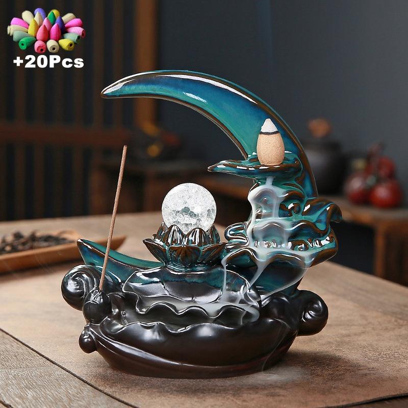 Moonlight Over The Lotus Pond Ceramic Handicrafts Home Ornament Waterfall Backflow Incense Burner Stick Incense Holder