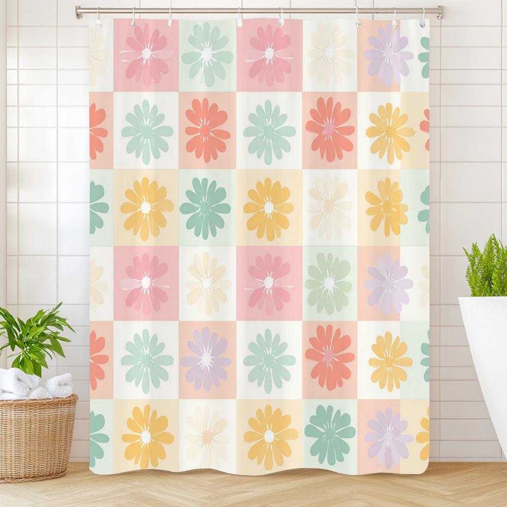 

1Pc Simple Style Flowers Print Waterproof Shower Partition Privacy Hanging Curtain With 12 Hooks Multiple Size Machine Washable W60H190(CM)-1 Pcs