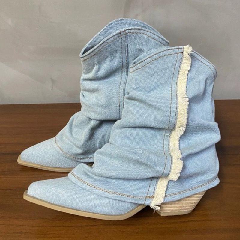 Bottes hautes en jean plissé pour femmes, bottes de cowboy à bout pointu et talons carrés, bottes longues respirantes à talons moyens, printemps 2024