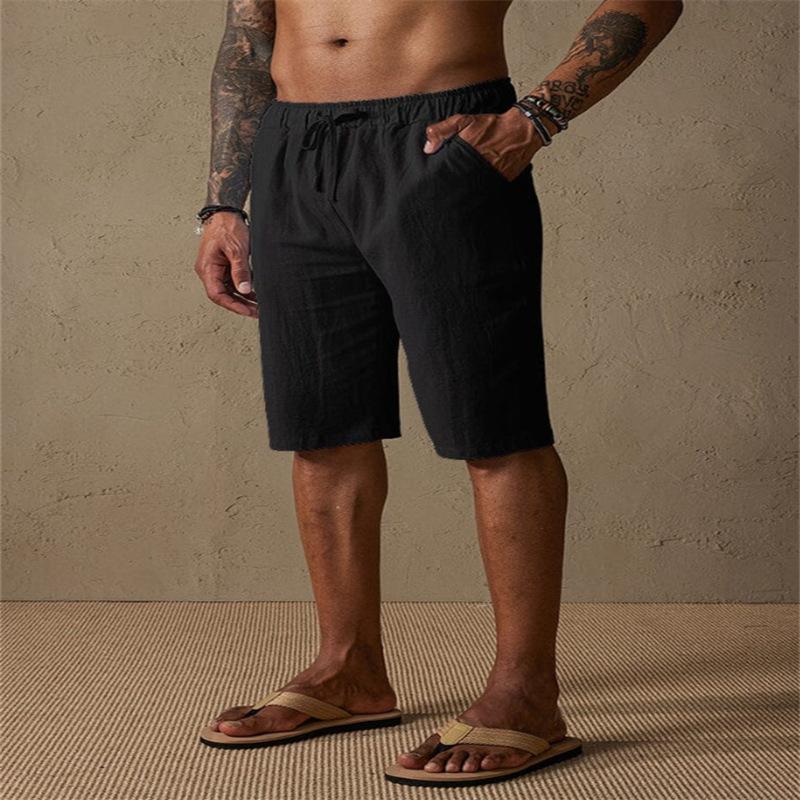 

Men s Cotton-Linen Summer Solid-Colour Slanted-Pocket Drawstring Casual Breathable Shorts 3XL