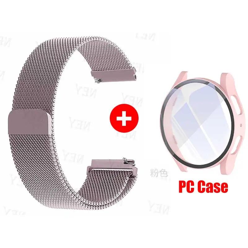Glass Case+Strap for Samsung Galaxy Watch 7 6 5 4 40mm 44mm Milanese Loop 20MM Band PC Protector Cover Bumper Galaxy Watch 6 5 4