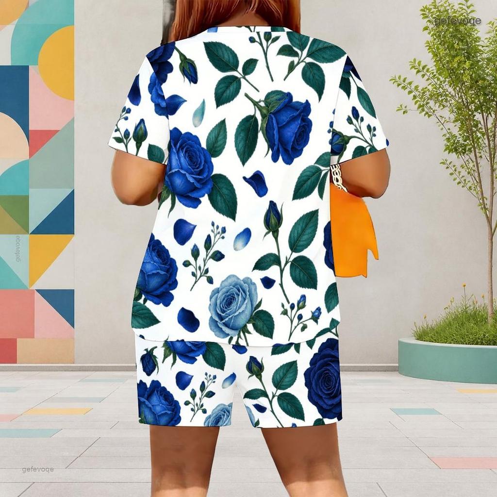 Women Plus Size White Floral Printed Round Neck Short Sleeve Top And Pocket Shorts Two Piece Set