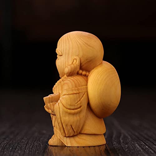 Miniature Wooden Buddha Statue, Hotei, Crafted from Premium Boxwood, Charm for Wealth and Good Fortune (6cm H X 4cm W X 3cm D)