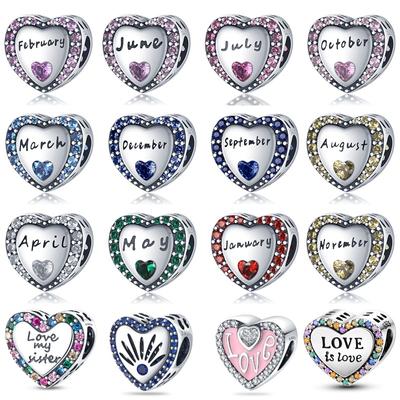 Novedad en Color Plata Serie Corazón Amor Zirconia Cuentas Encajan Pulsera DIY Colgante Charm Joyería Mujer Venta Caliente