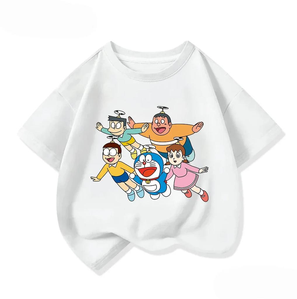 Summer Cute Short Sleeve Tee Children Lovely Cartoon Print Fashion Street Style Tops Doraemon Boys Girls Clothes 314Y