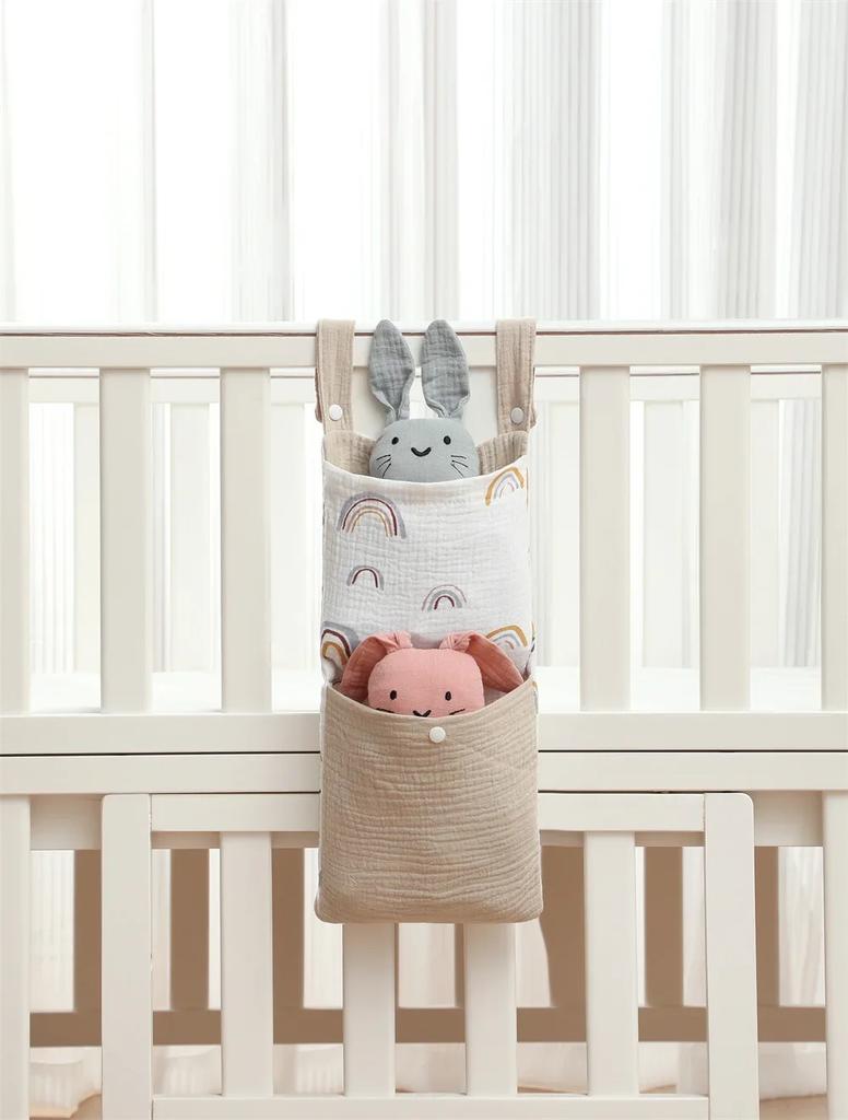 Newborn Muslin Bed Hanging Storage Bags Multi-Functional Crib Stroller Organizer Diapers Portable Bedside Hanging Bag