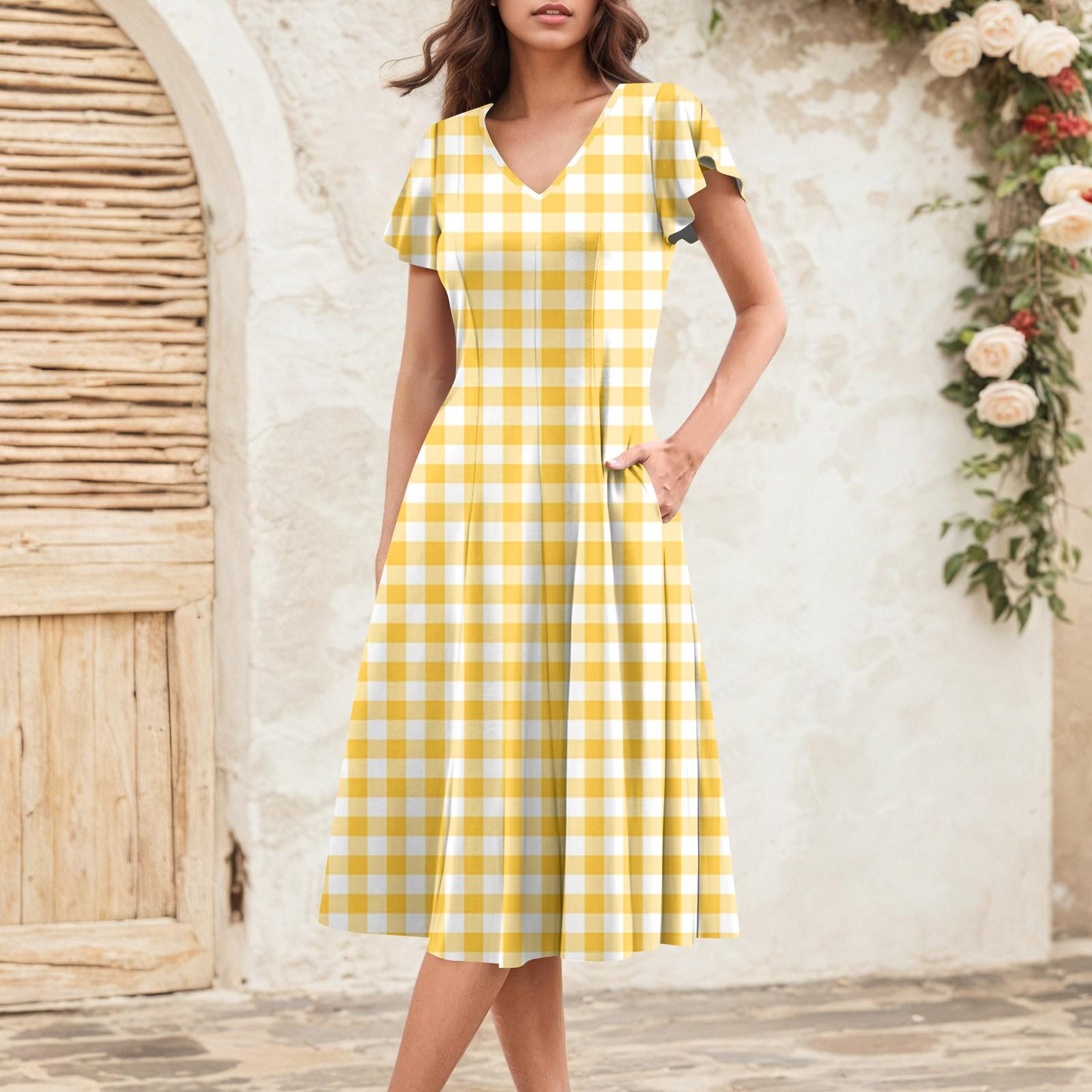 

Женское летнее модное элегантное платье миди в стиле ретро с V-образным вырезом и оборками на рукавах XL жёлтый