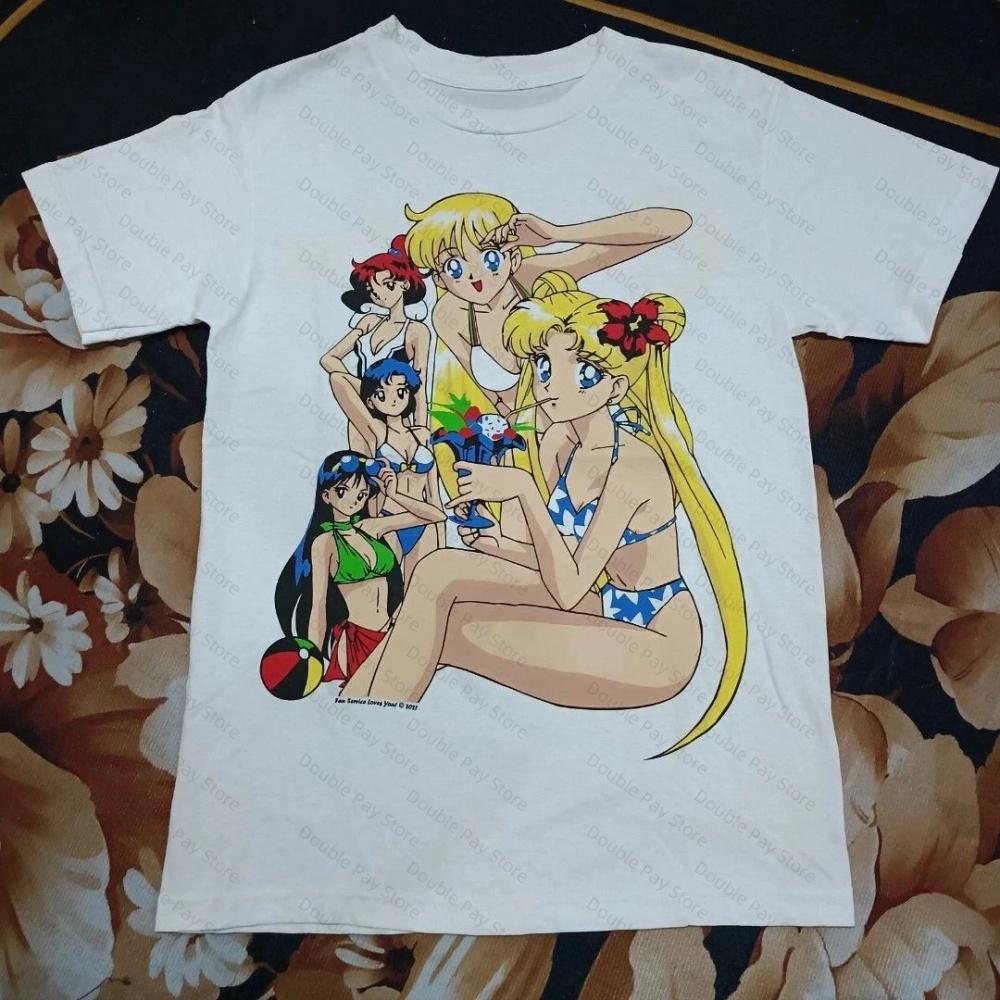 

Vintage Sailor Moon Tops Beach Group TShirt Harajuku Casual Tshirt Streetwear Anime Graphic Tee Unisexs Shirts Women tshirts S