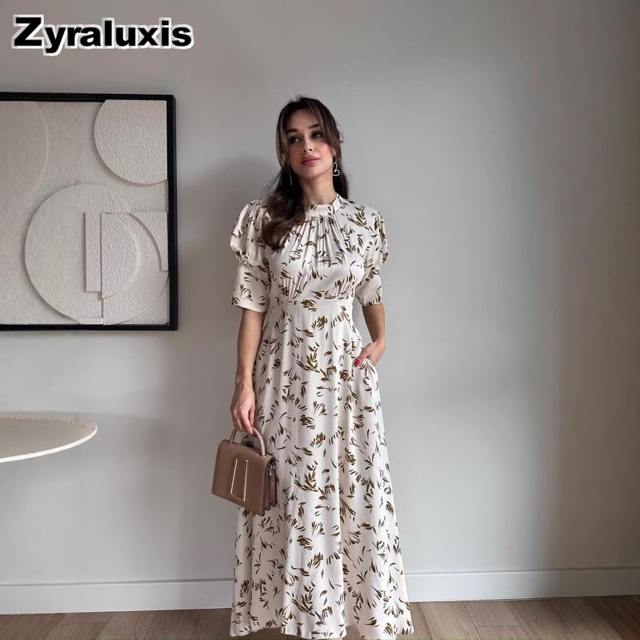 New Arrivals Women's Fashion Elegant Satin Printed Tie Waist Long Dress