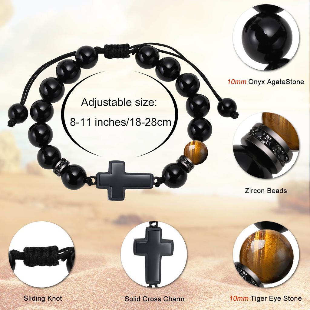 Kreuzarmbänder für Männer Jungen, 8MM Schwarze Natürliche Steine Perlen Religiöses Gebetsarmband Länge Verstellbar,pulseira masculina