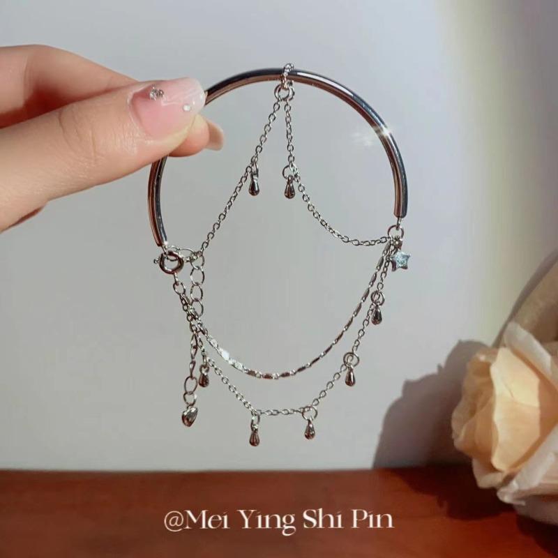 Half-ring Star Pendant Bracelet with Star-shaped Dangling Beads, Waterdrop-shaped Simple Chain, Elegant Style Bracelet, Summer Accessory