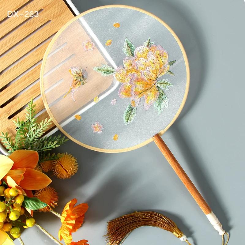 Antique Embroidery Circular Fan Chinese Style Cheongsam Fan Women's Double-Sided Embroidered Transparent round Long Handle Ancient Chinese Clothing