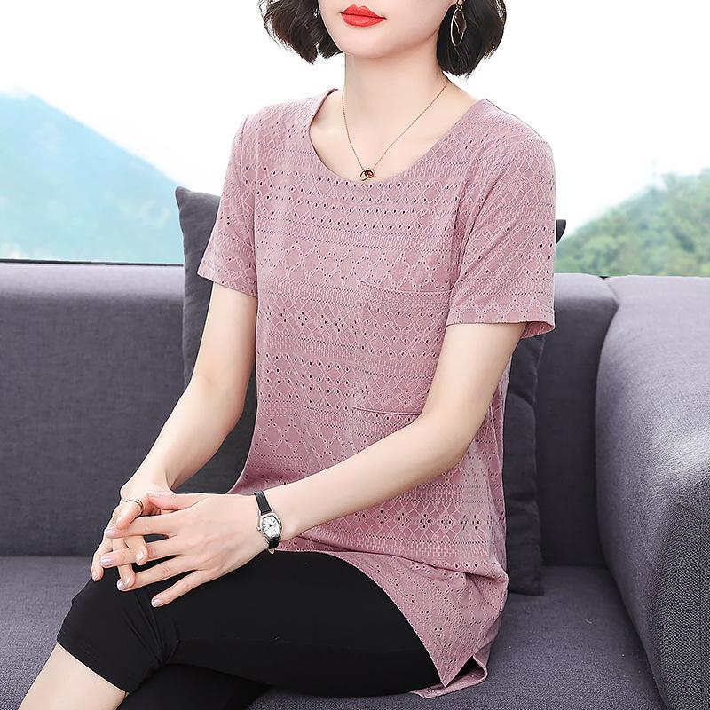 T-shirt a maniche corte da donna per l'estate, nuova, con corpo traforato, taglia grande, lunghezza media, per corporature robuste, top ampio e snellente