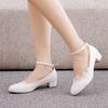Large Size 3 Cm Square Heel Round Toe Single Shoes One-line Wristband Single Shoes Spring and Autumn Lace Wedding Shoes Women's White Shoes