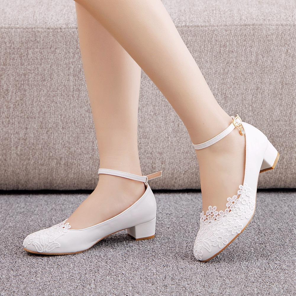 Large Size 3 Cm Square Heel Round Toe Single Shoes One-line Wristband Single Shoes Spring and Autumn Lace Wedding Shoes Women's White Shoes