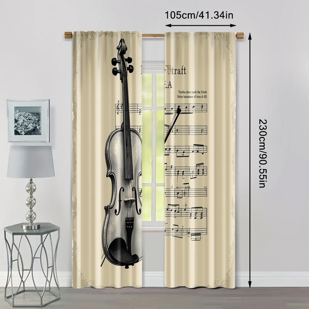 2pcs   Curtain Set Classic Violin & Sheet Music Design Machine Washable Polyester (without rod) Versatile All for Bedroom   Living