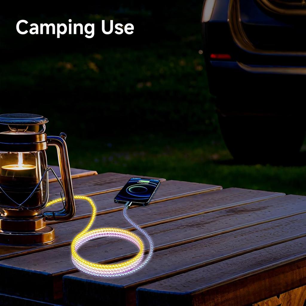 USB to USB C Cable, LED Light Up for Camping,100W Fast Charging, RGB Breathing Charger Cord for iPhone 16 15 Galaxy S10 S10+, LG V30, and More