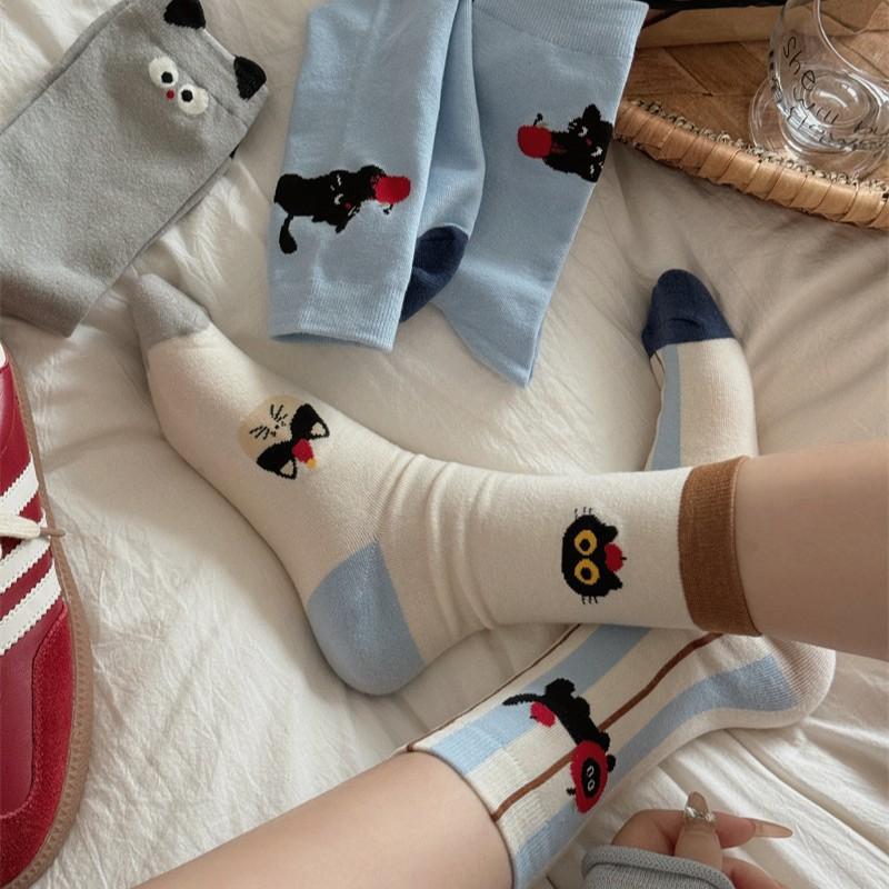 Socks Female Black Cat Female Socks Cute Cartoon Spring And Autumn Tube Socks Female Niche Girl Pile Socks