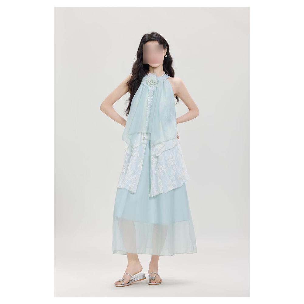 Seaside Vacation Wind Mint Green Neck Dress Irregular Lace Splicing Loose a Word Long Dress Women's Summer