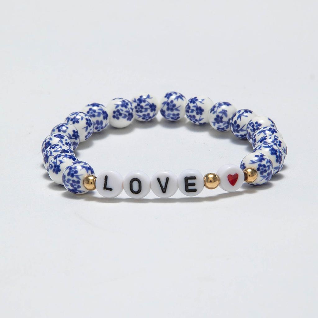 Accessories, Chinese Style Retro Elegant Flower Porcelain Ceramic Bead National Style Bracelet, Letter Cross Beaded Bracelet