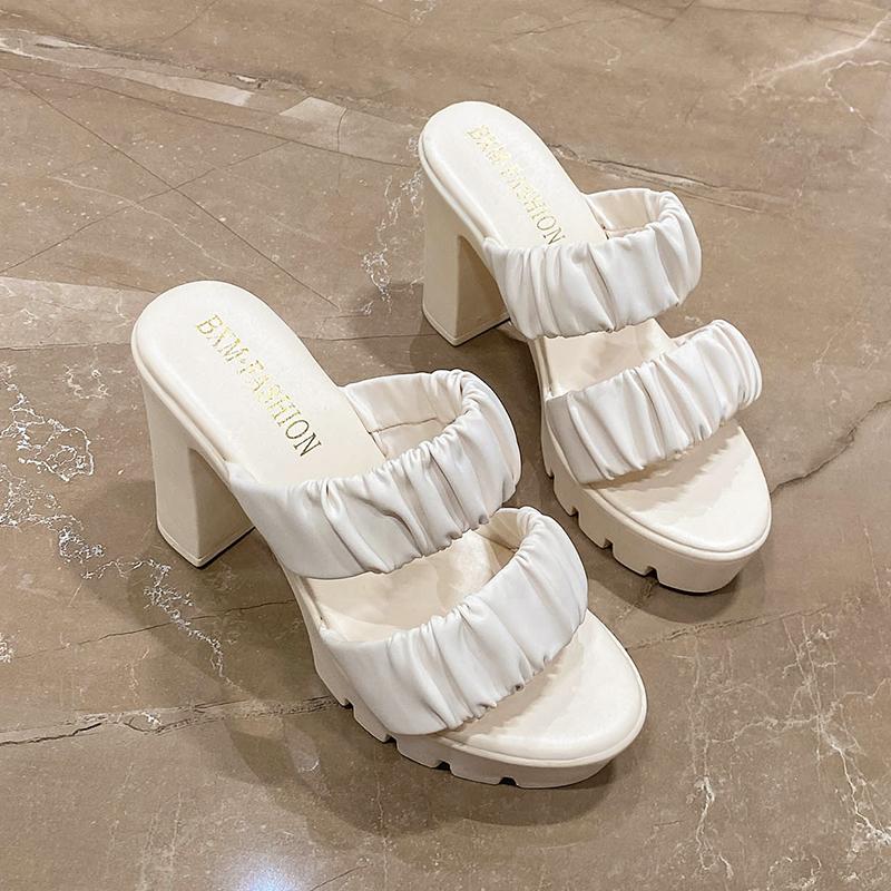 2024 Summer New Open Toe High Heels Fashion Pleated Elegant Office Thick Heel Women's Shoes All-match Leather Slip On Slippers