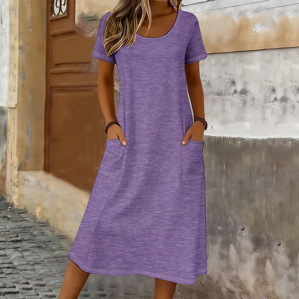 Women Casual Loose Fit Crew Neck Short Sleeve Midi Dress with Pockets Soft Fabric Comfortable Everyday Wear Suitable for Various Occasions