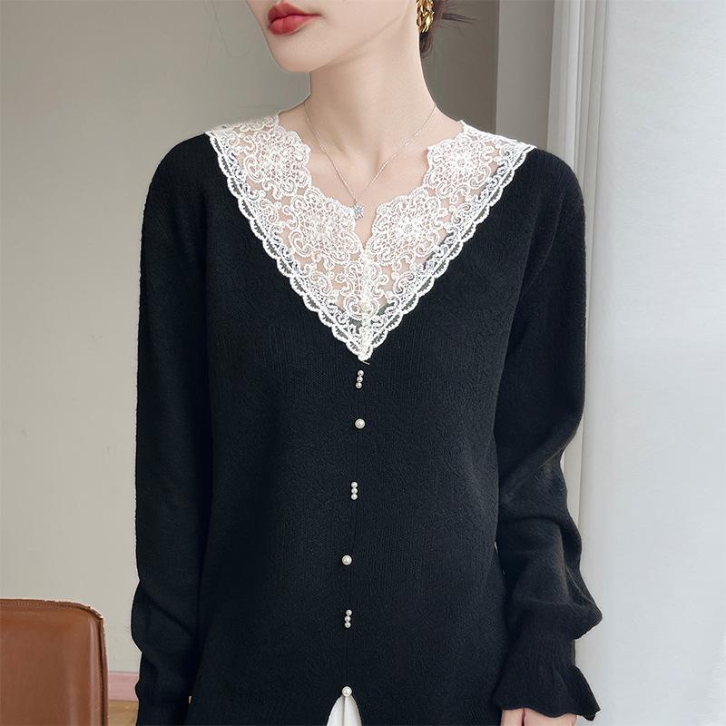 2025 French V-Neck Lace Camisole: Women's Long-Sleeve Top for Autumn/Winter