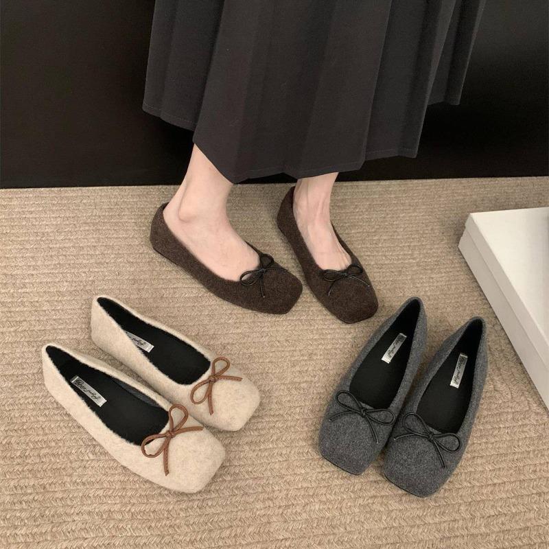 Fashion Woman Casual Square Head Bow Flats Flock Mocasines Ballerina Church Flats Female Suede Elegant Soft Sole Women Shoes