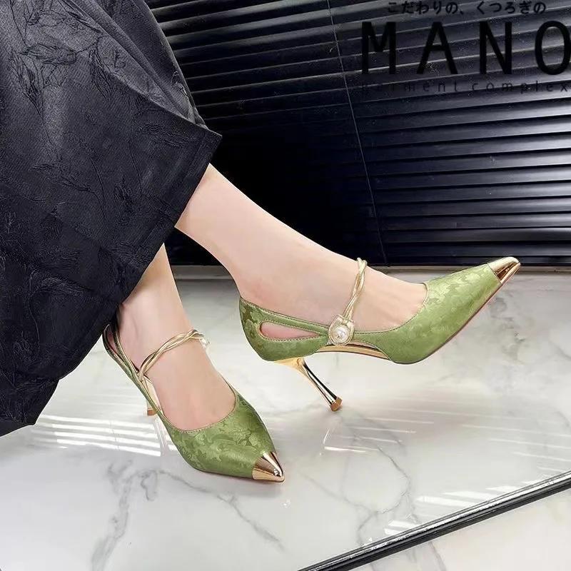 Fashion Summer High Heels Women Sandals Fashion Metal Pointed Stiletto Heel Shallow Single Shoes Elegant Ladies Party Dress Shoes