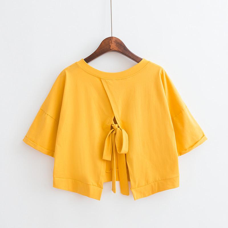 Solid Color Back Slit V-neck Loose High Waist Short Top for Female Student Straps Short Sleeve T-shirt for Women Women