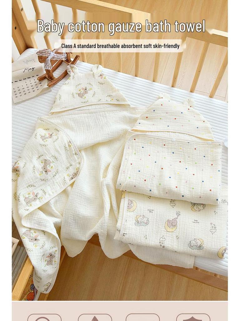 Newborn Infant Hooded Cotton Gauze Bath Towel & Swaddle Blanket