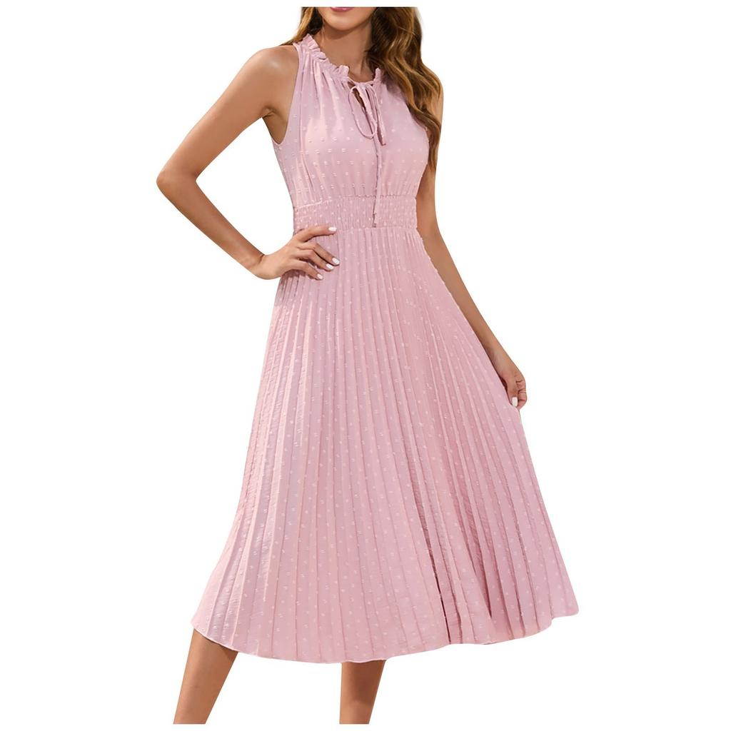 Women's Color Sleeveless Leisure Vacation Travel Lace-up High Waist Pleated Hairball Dress