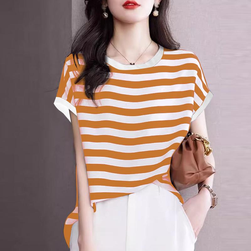 ZANZEA Women Casual Round Neck Short Sleeve Striped Solid Color Loose Blouse
