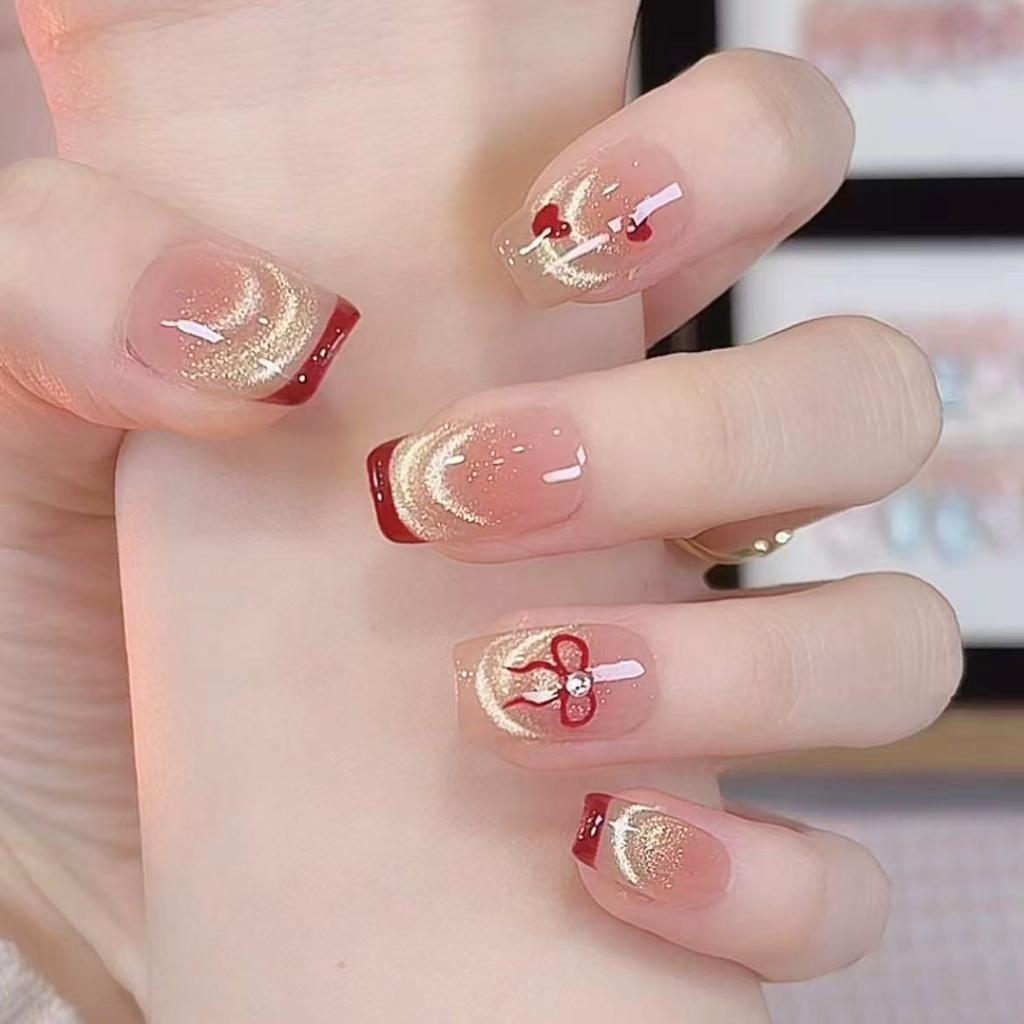 Valentine's Day Sweetheart French Cat's Eye Wear Nail, Bow Point Diamond Detachable Wear Nail Art, Spot
