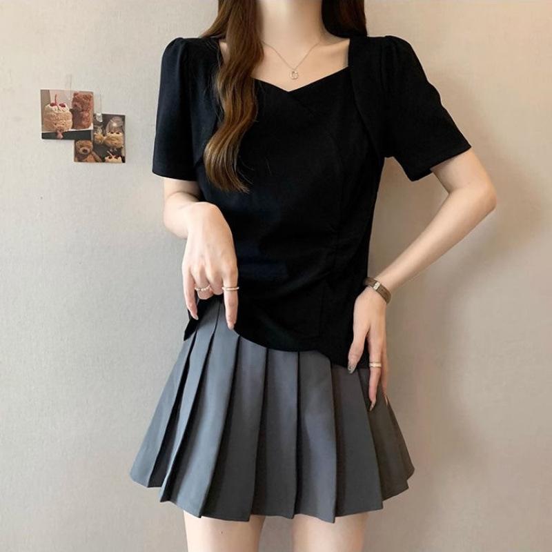 Straight Shoulders Irregular and Fake Shoulders Summer New Large-size Belly-covering and Slimming Design Top