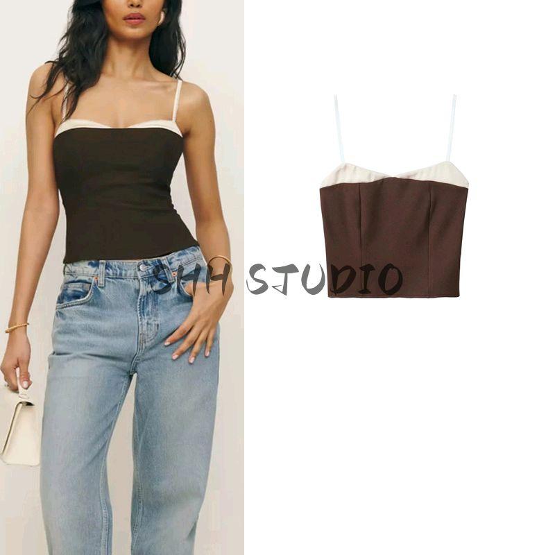 Spring New Women's Clothing French Retro Sexy Slim Fit Tube Top Contrast Color Design Short Spaghetti-Strap Camisole Top