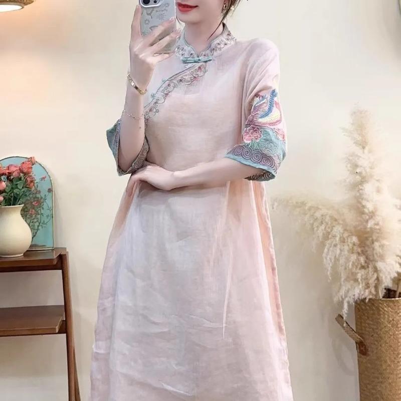 Women New Chinese Style Embroidered Linen Cheongsam Dress Vintage Qipao Midi Dress
