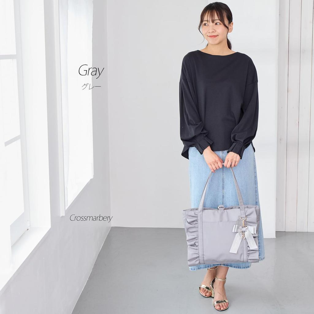 Crossmarberry Ribbon Tote Bag, A4 Size, Women's, Large, Lightweight, Frilled, Shoulder Bag, Handbag, Carry-on, Large Capacity, Perfect for Commuting,